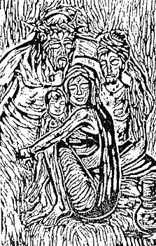 Holzschnitt:  Christus und die Flüchtlinge, P. Solomon Raj